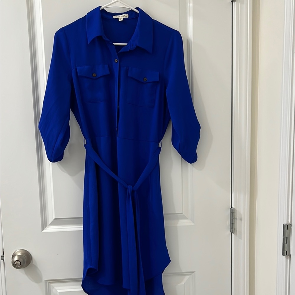 Monteau Blue High Low Shirt Dress with Collar